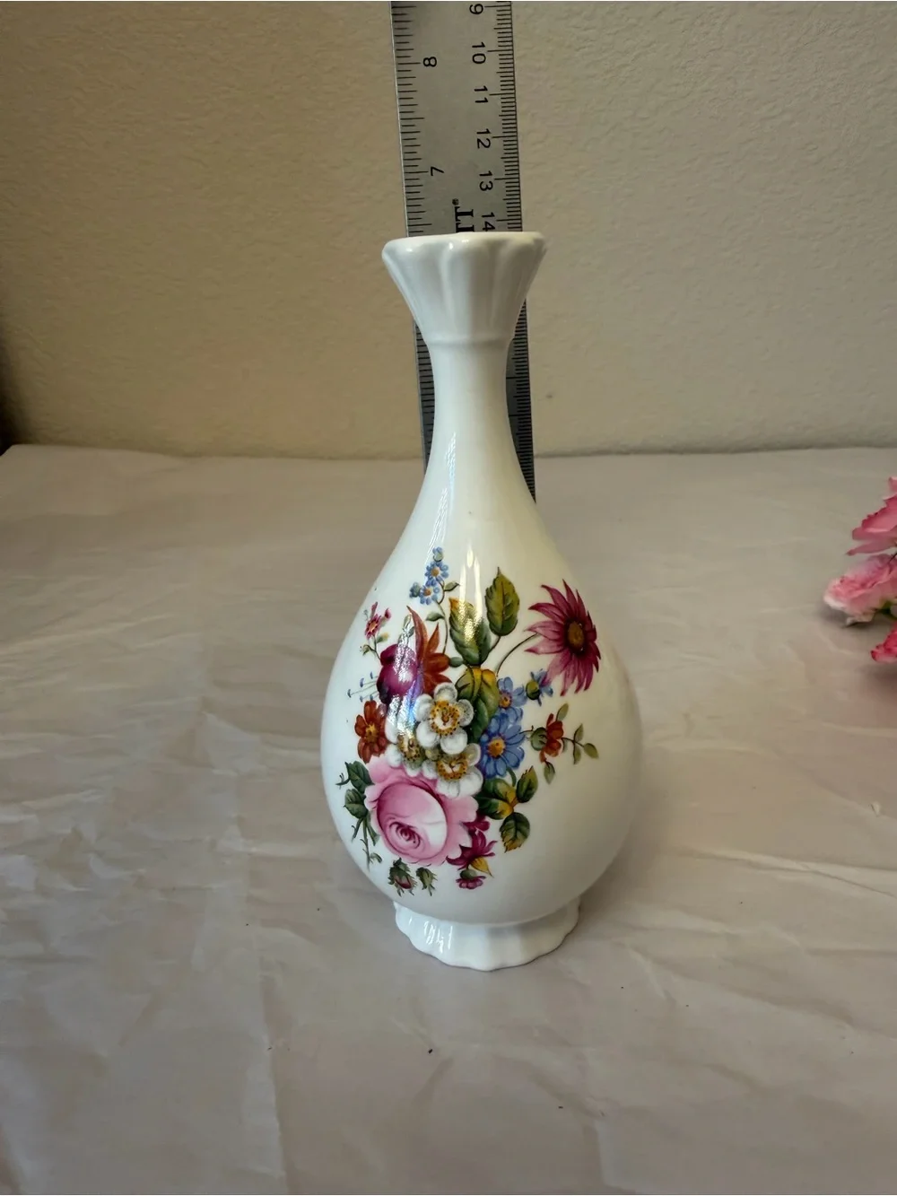 Coalport White Porcelain Bud Vase with Pink Floral Accents 6.4 inch